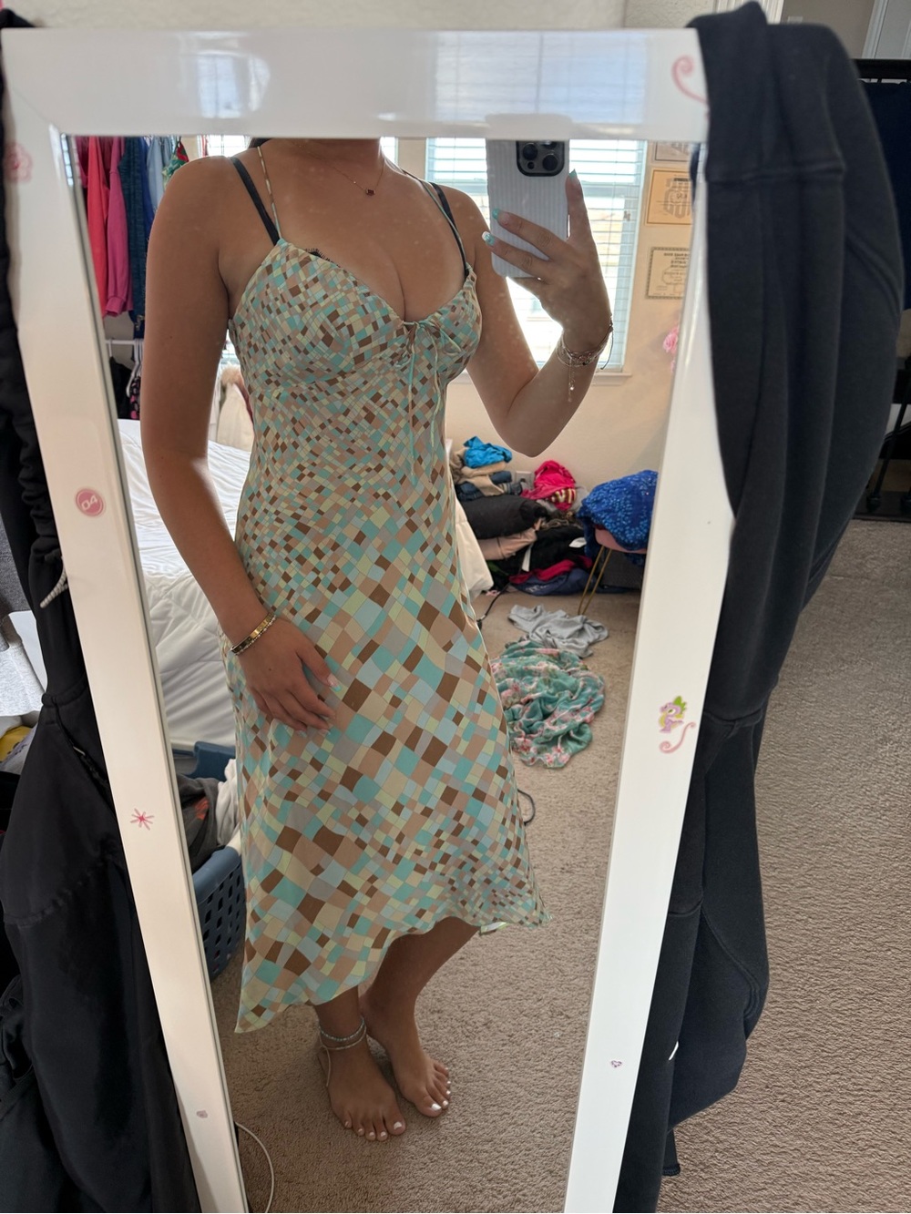 Express Light Blue and Tan Geometric Slip Midi Dress